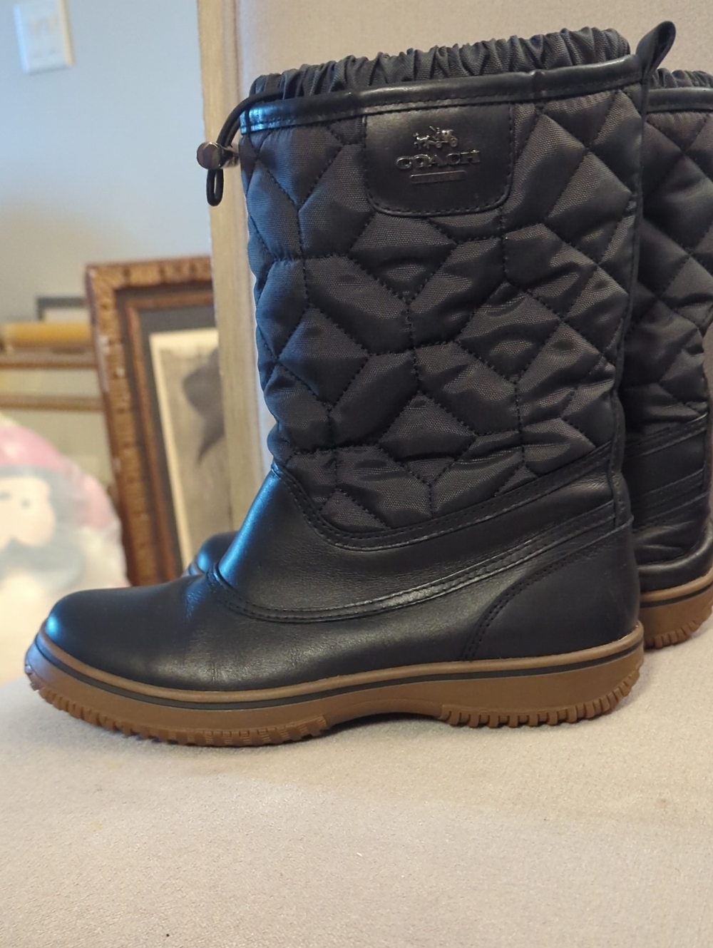 Coach Black Quilted Winter Rain Boots with Brown Outsole
